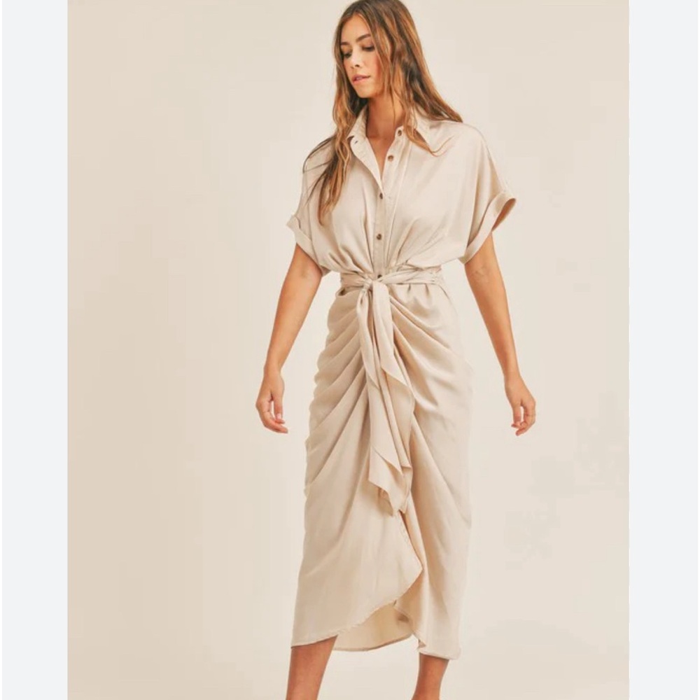 Taupe  button down tie Dress 95%polyester 5%spandex